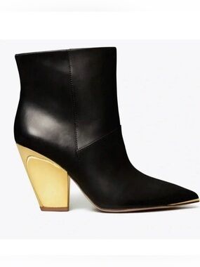 Tory Burch Lila Mirrored Gold Heel Ankle Bootie Black Leather Size 7.5